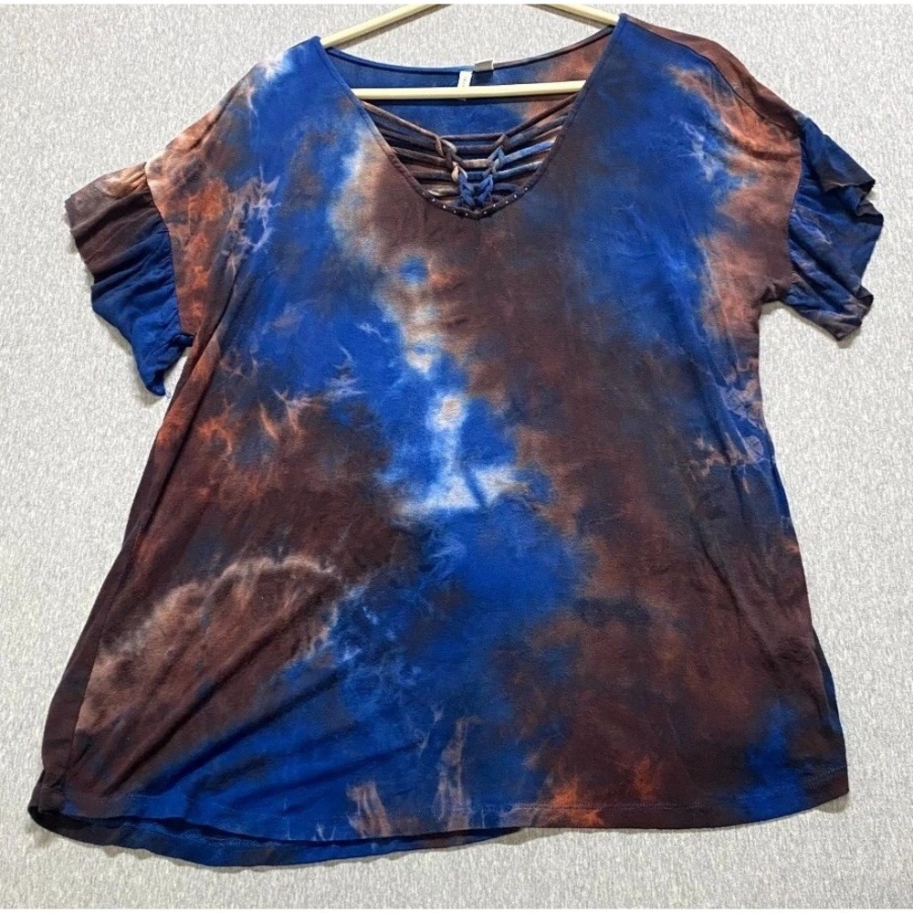 EST 1946 Blouse Top Womens Large Blue Brown Tie Dye Stretch Criss Cross Neck